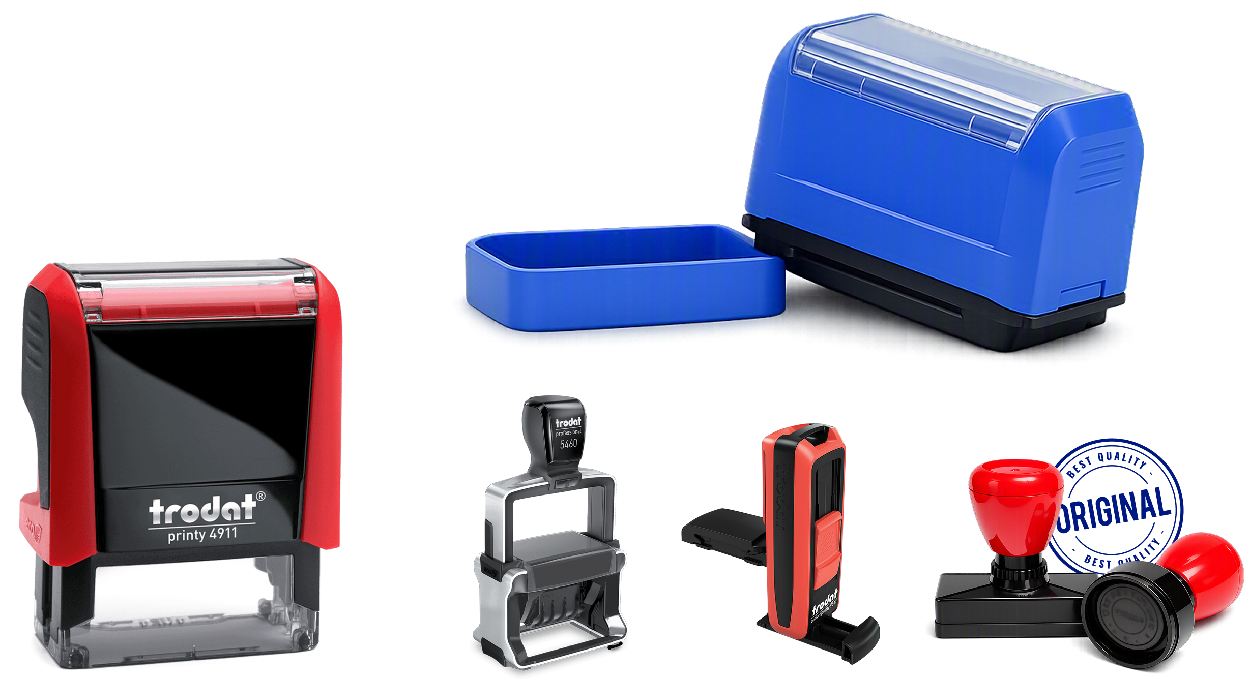 Self-inking stamps, date stamps and rubber stamps